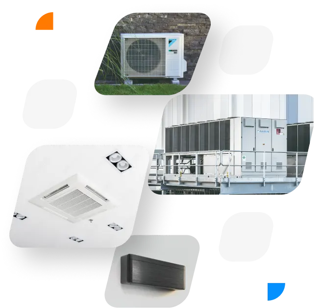 Klimaanlagen München können mit verschiedenen Klimageräten realisiert werden. Auf dem Bild: Außengerät, Deckenkasettengerät, VRV-Anlage und Split-Klimagerät.